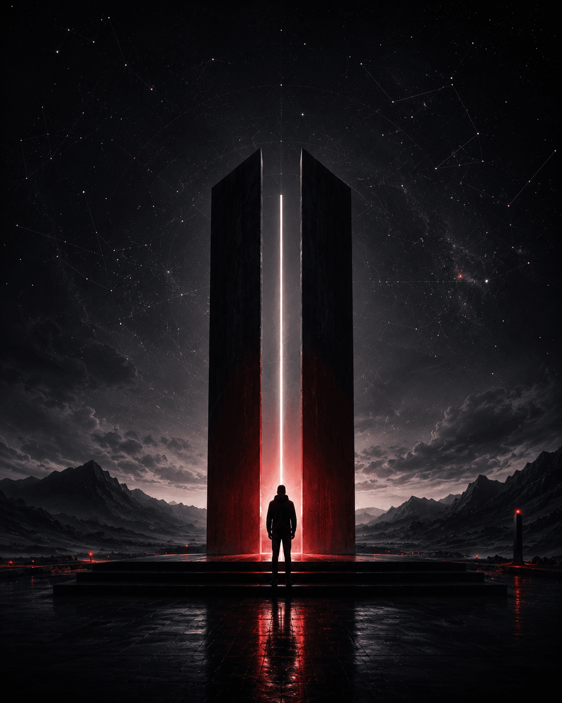 A lone figure standing before a split monolith with light breaking through